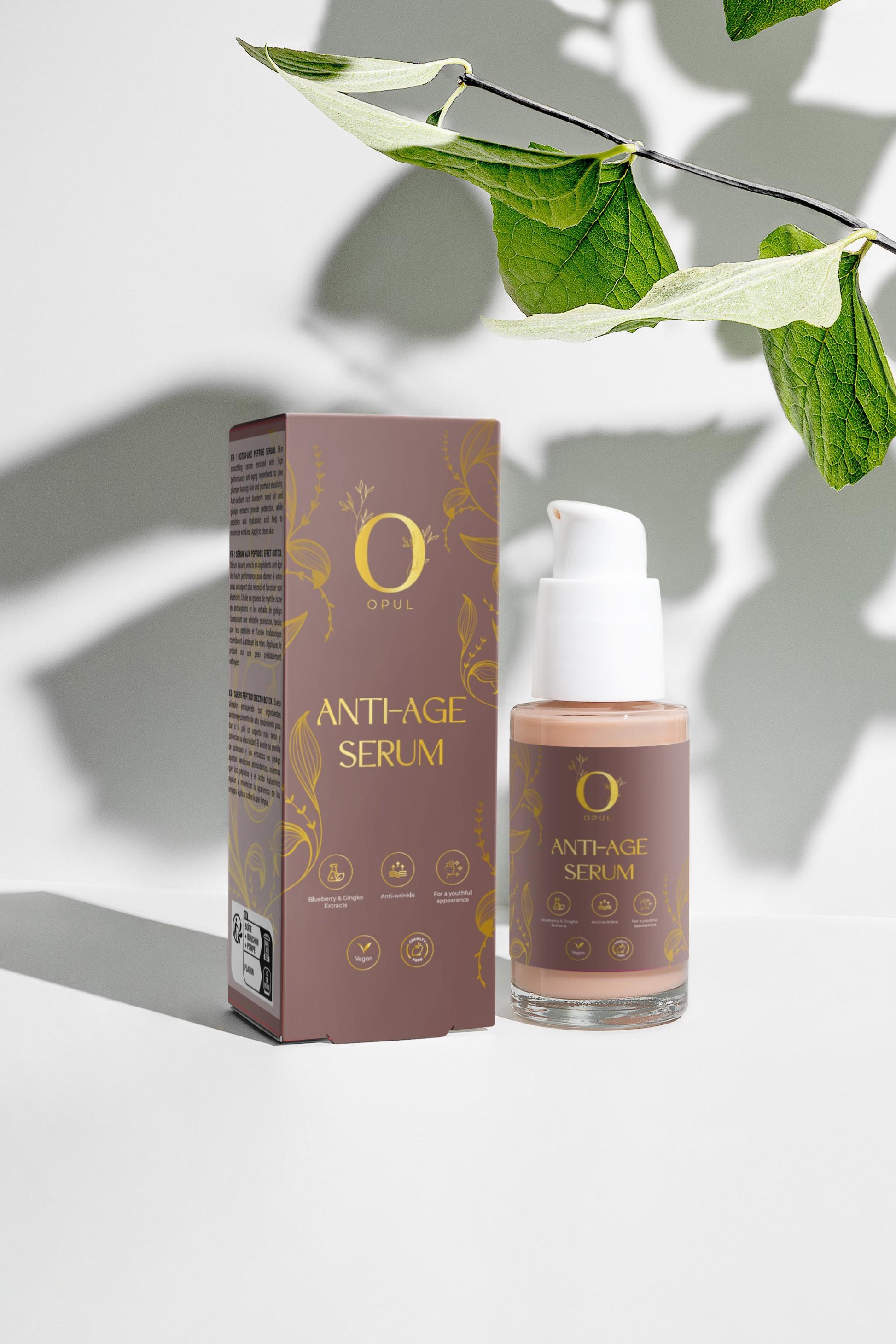 A bottle of ANTI-AGE SERUM for mature natural skincare The product is designed for skincare and aims to reduce fine lines and wrinkles.